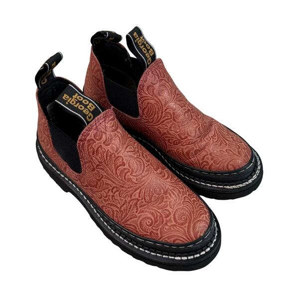 Georgia Giant Romeo Pink Casual Low Boot Leather Slip On Floral Embossed W Sz.7 - Picture 1 of 9